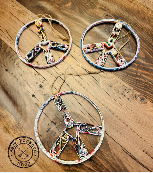 Reclaimed peace sign ornament • repurposed magazine ornament