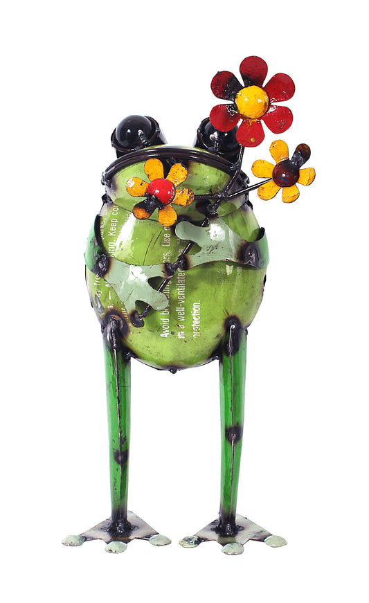 Iron Standing Frog With Flower • Garden Statue Decor