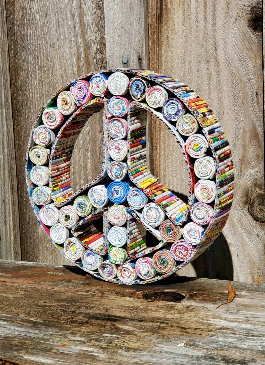 Peace Sign Shelf Sitter Figure - Reclaimed Peace Sign Shelf Sitter