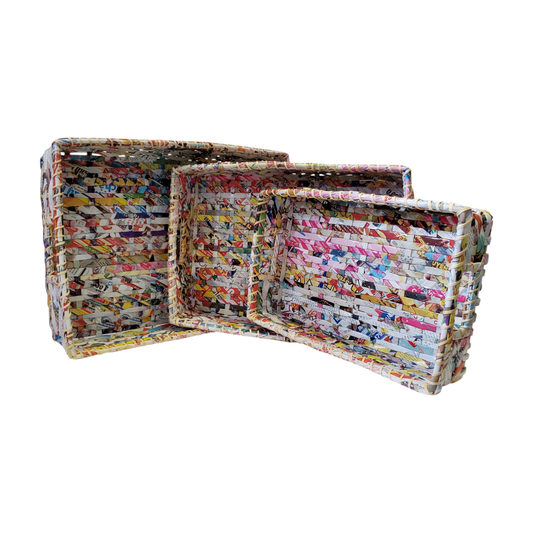 Repurposed Magazine Trays • Set of 3 • Recycled Paper Storage Baskets