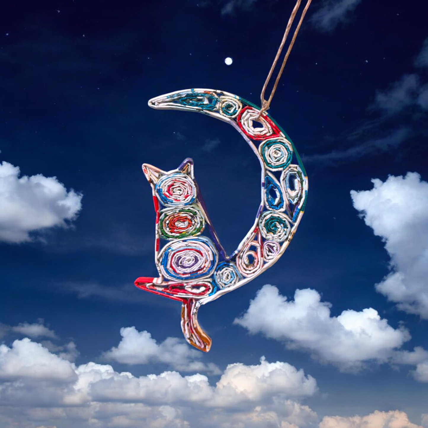 Cat in Moon Ornament - Recycled Paper .• unique ornaments • unique gifts