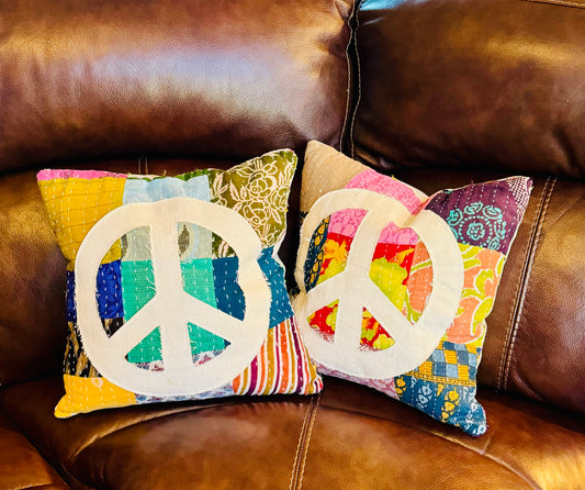 Peace Sign Pillow - reclaimed fabrics