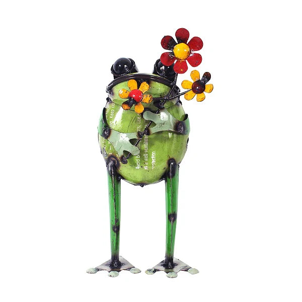 Iron Standing Frog With Flower • Garden Statue Decor