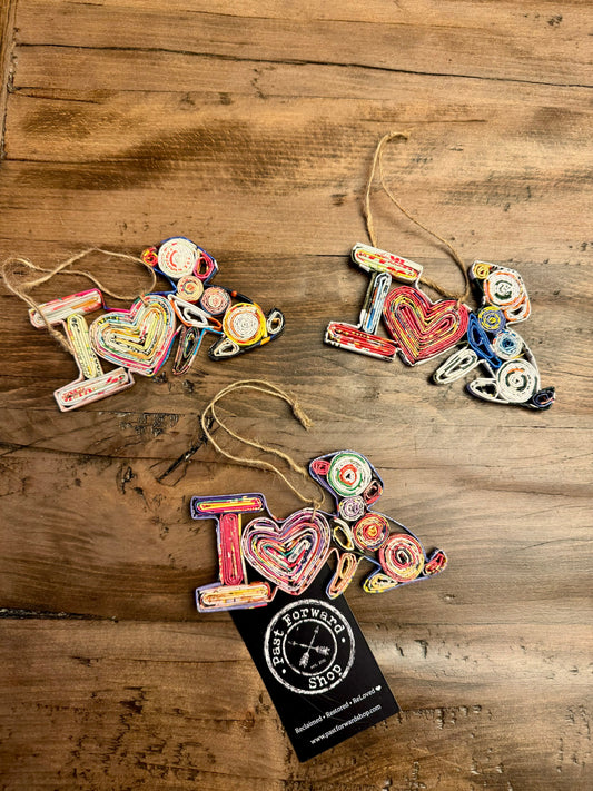 I Love Dogs Ornament • repurposed magazine ornaments