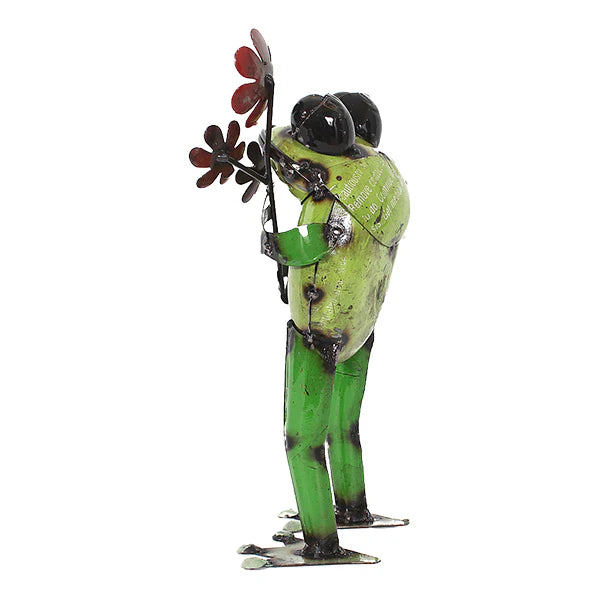 Iron Standing Frog With Flower • Garden Statue Decor