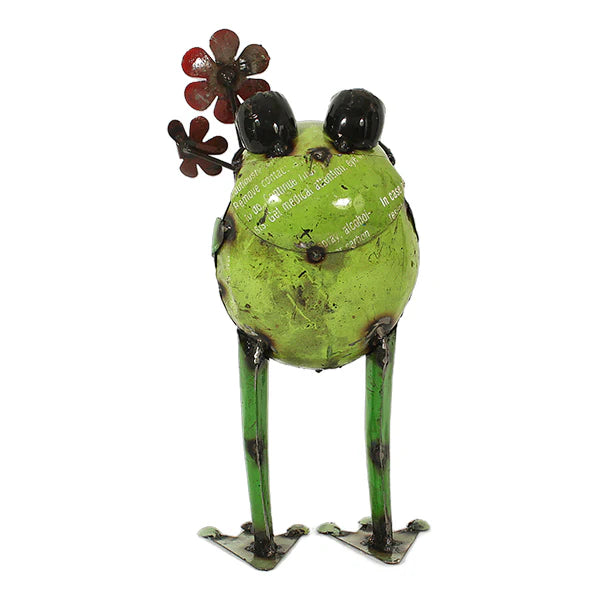 Iron Standing Frog With Flower • Garden Statue Decor