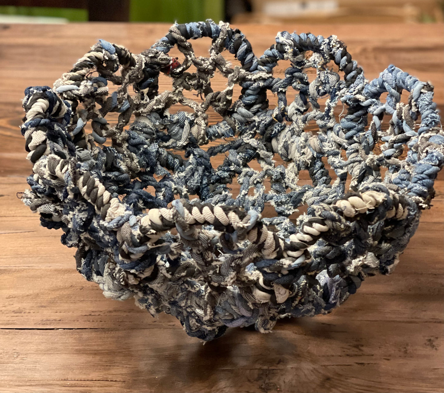 13” Repurposed Denim Basket • flower shaped basket • Scallop edge basket