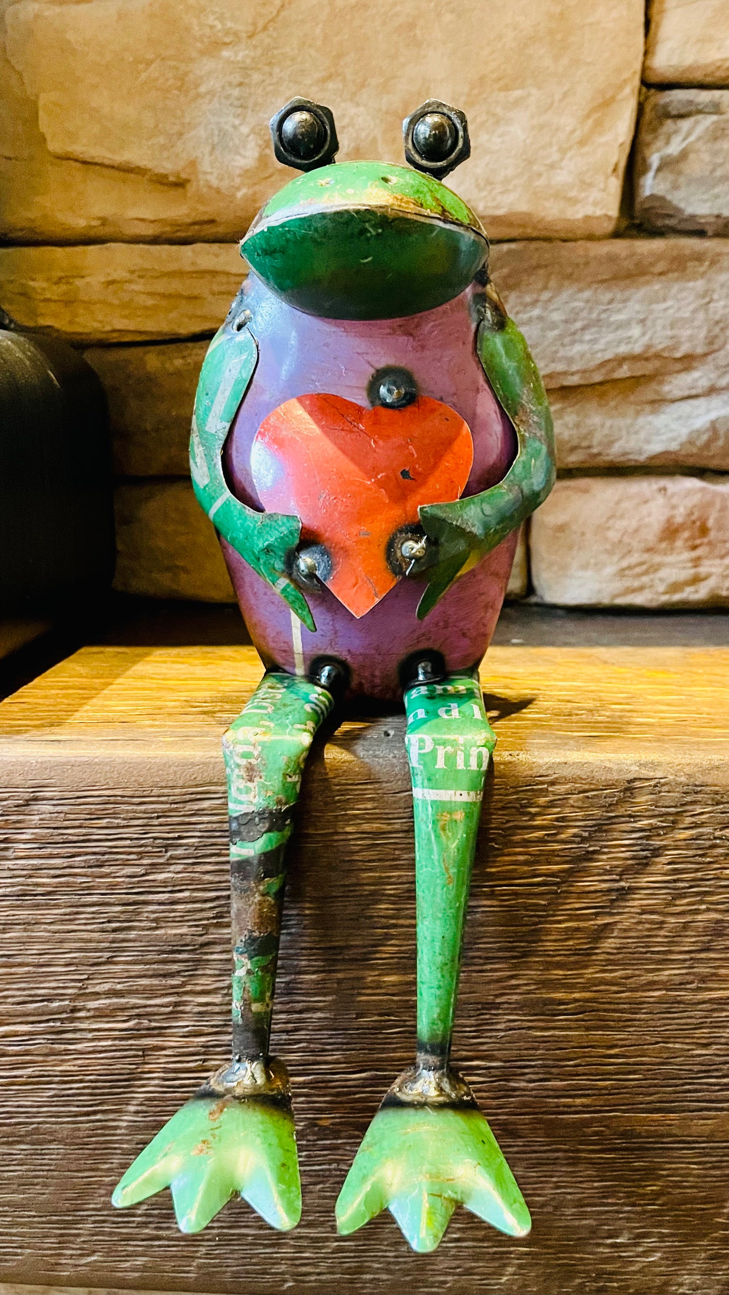 “Pete” Reclaimed Metal Frog holding heart
