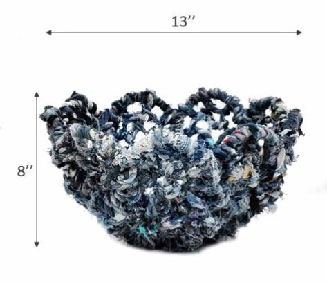 13” Repurposed Denim Basket • flower shaped basket • Scallop edge basket