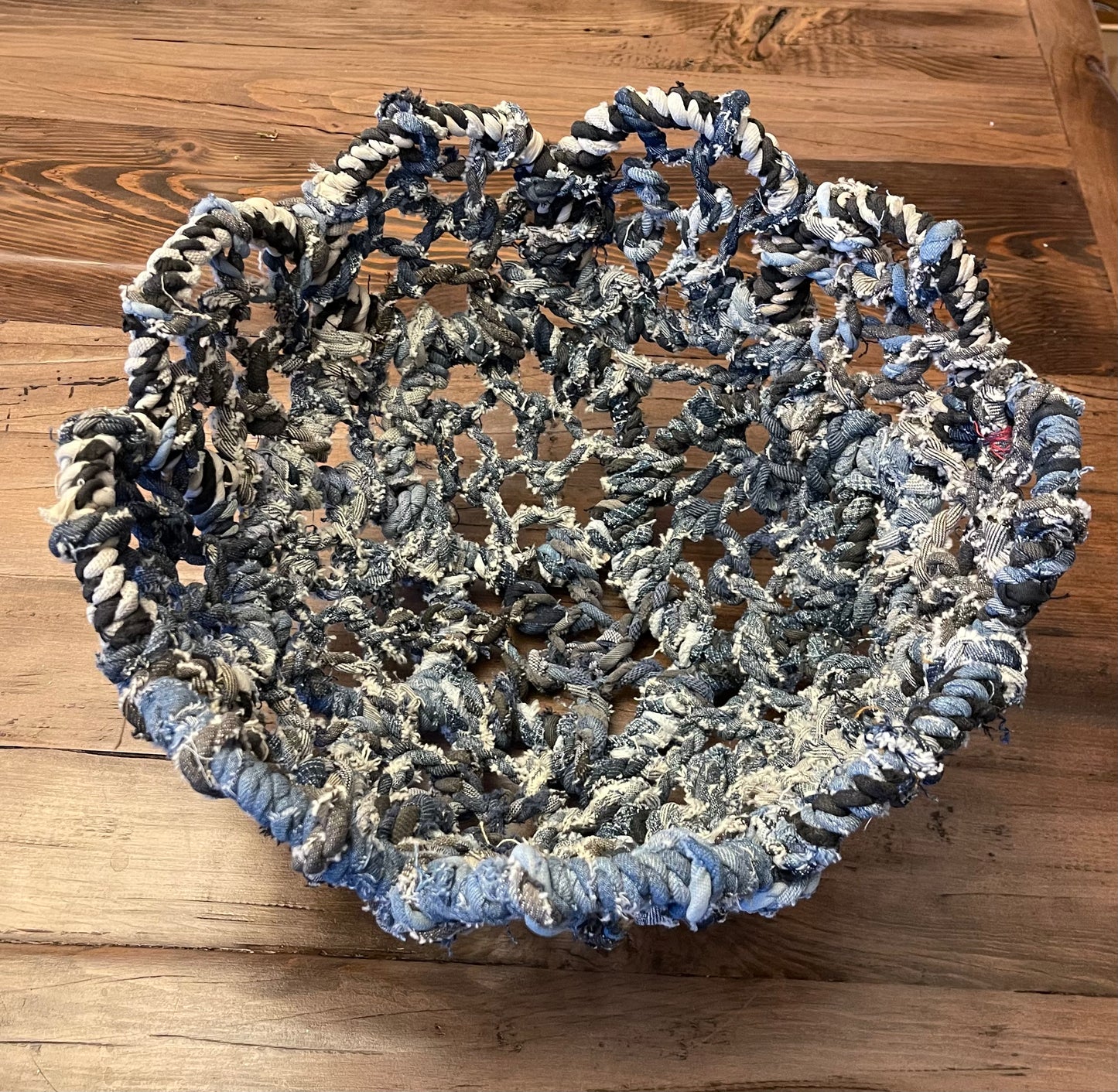 13” Repurposed Denim Basket • flower shaped basket • Scallop edge basket