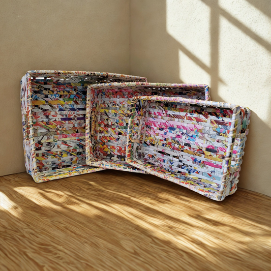 Repurposed Magazine Trays  • Set of 3 • Recycled Paper Storage Baskets
