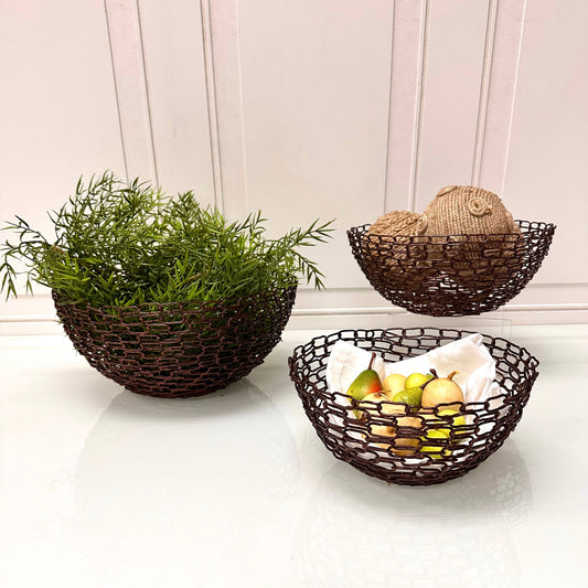 Antique Copper Iron Round Baskets, Set of 3