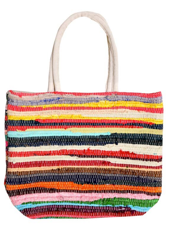 Colorful repurposed jute tote bag handcrafted for everyday use. The Wildweave Tote is a durable, eco-friendly carryall perfect for market days, travel, and boho style lovers.