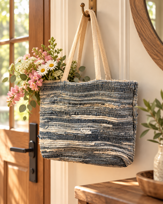 The Jean Scene Tote • Recycled Denim Woven Shoulder Bag