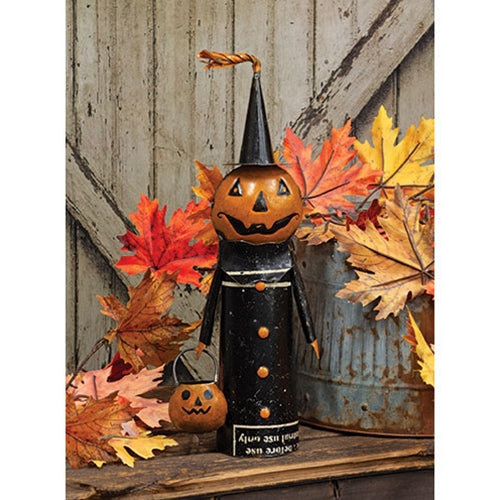 Hattie the Halloween Hag • Recycled Pumpkin Head Witch holding Jack o Lantern