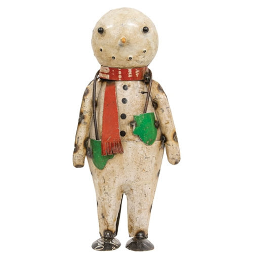Percy the Snowman •  Recycled Metal Snowman with Green Mittens