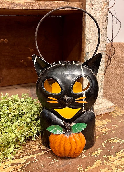 Midnight Whiskers Lantern • Recycled Metal Black Cat Lantern