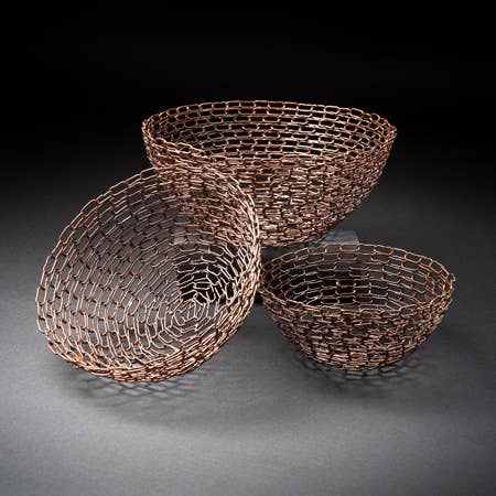 Antique Copper Iron Round Baskets, Set of 3
