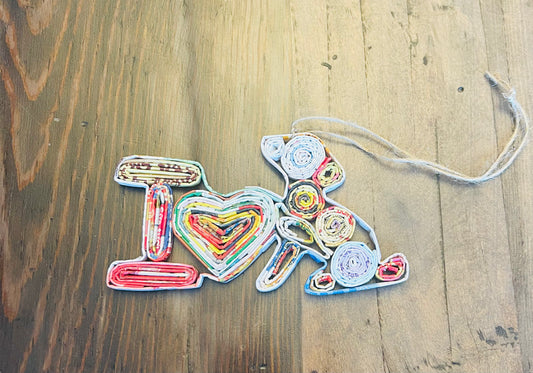 I Love Dogs Ornament • repurposed magazine ornaments