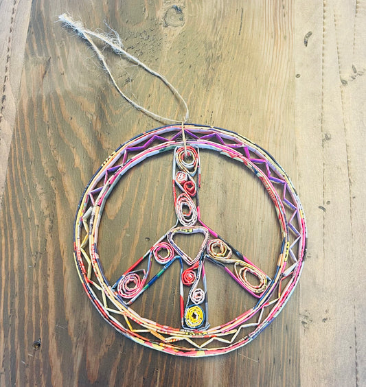 Reclaimed peace sign ornament • repurposed magazine ornament