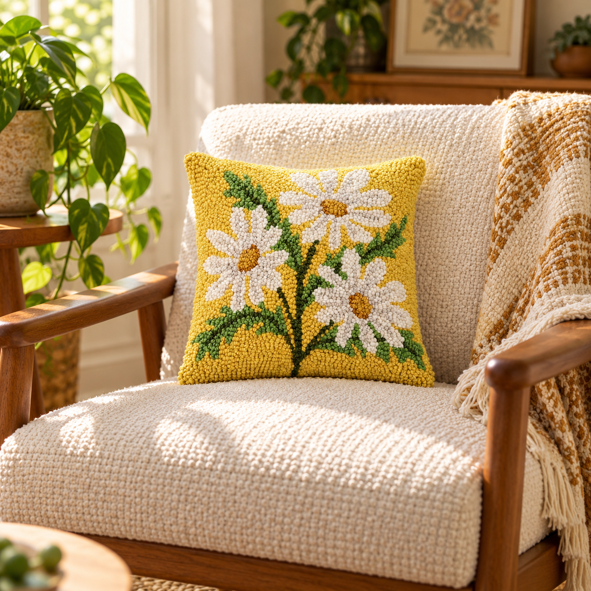 Oopsie Daisy • Lemon yellow wool hooked throw pillow
