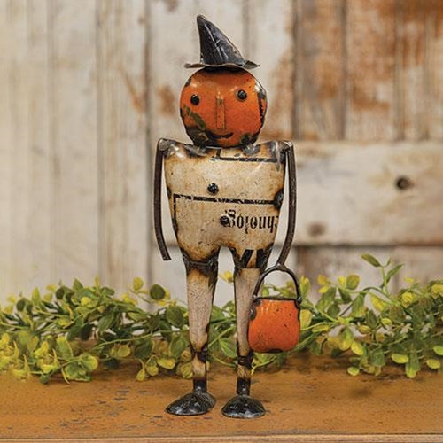 Benji • Recycled Pumpkin Man holding treat bucket