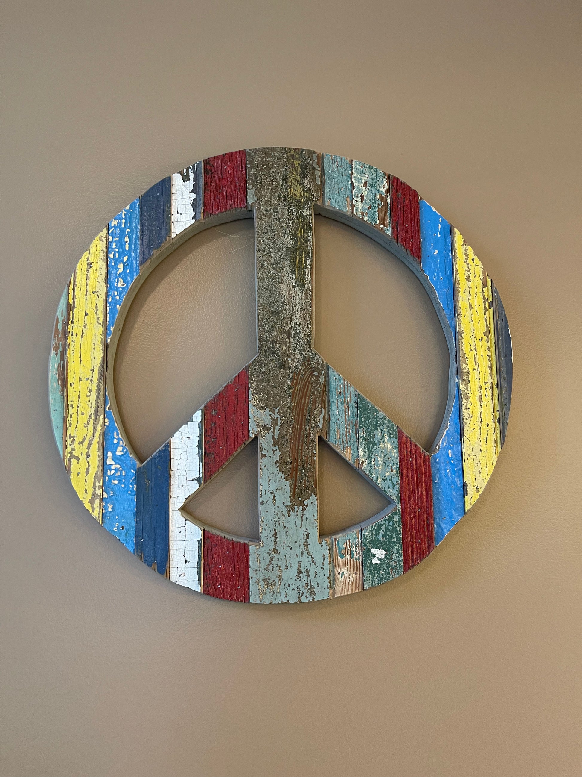 Multi Coloured Sign 19” Reclaimed Wood Peace Sign - Multi Color – Past Forward Shop