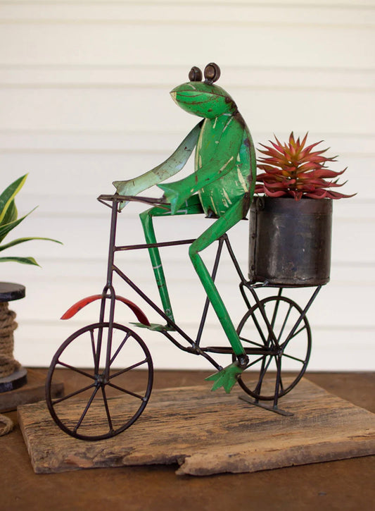 Recycled Metal Frog on bicycle with flower pot
