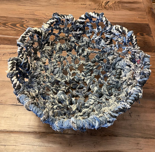 13” Repurposed Denim Basket • flower shaped basket • Scallop edge basket
